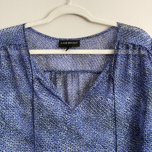 Lane Bryant Womens Plus Blue Black Dot Sheer Blouse Top Shirt Size 18/20 Tassels - Picture 4 of 12